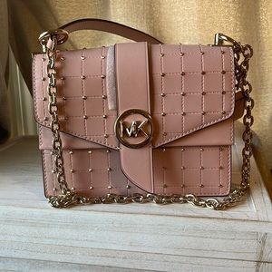MK crossbody purse, pink, gold studded